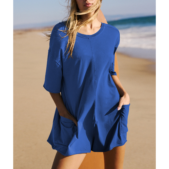 ZANKLEY Women's Casual Rompers Half Sleeve Short Jumpsuits Athletic Scoop Neck Overalls Hot Shot Tee Romper with Pockets