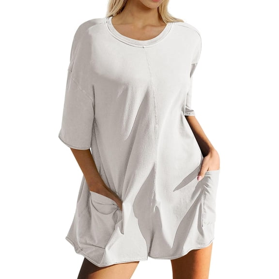 ZANKLEY Women's Casual Rompers Half Sleeve Short Jumpsuits Athletic Scoop Neck Overalls Hot Shot Tee Romper with Pockets