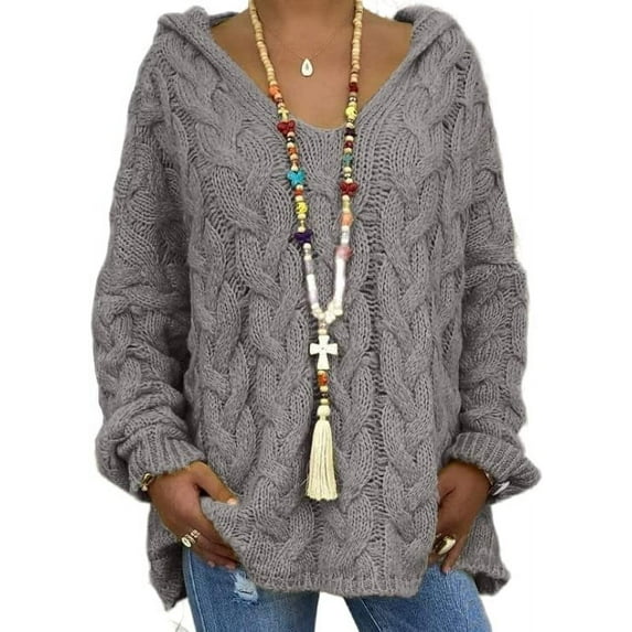 ZANKLEY Women's Oversized Chunky Cable Knit Pullover Hooded Sweaters V Neck Long Sleeve Loose Hoodies