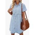 thumbnail image 1 of ZANKLEY Women's Short Sleeve Button Down Flowy Tiered Babydoll Denim Dress, 1 of 7