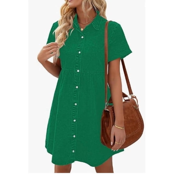 ZANKLEY Women's Short Sleeve Button Down Flowy Tiered Babydoll Denim Dress