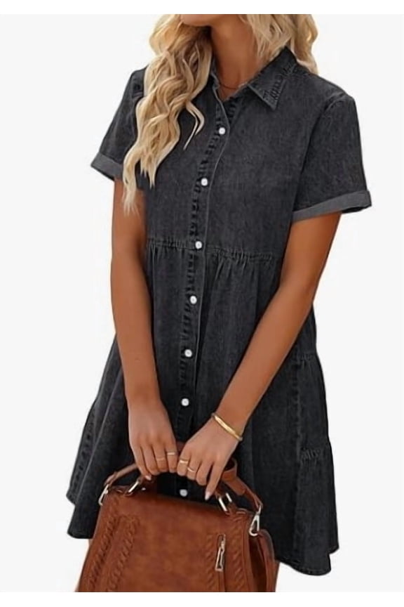 Women's Short Sleeve Button Down Flowy Tiered Babydoll Denim Dress