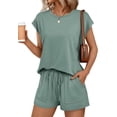 thumbnail image 1 of ZANKLEY Womens Crew Neck Two Piece short Sets Cap Sleeve Drawstring Summer Sweatsuit with Pocket, 1 of 12