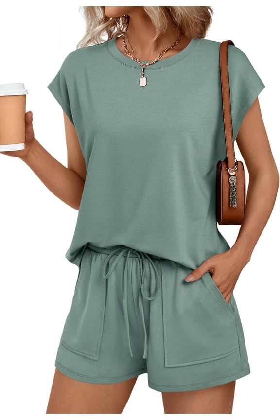 Womens Crew Neck Two Piece short Sets Cap Sleeve Drawstring Summer Sweatsuit with Pocket