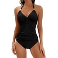 thumbnail image 1 of ZANKLEY Womens Halter Tankini Two Piece Bathing Suit V Neck Ruched Swimwear, 1 of 9