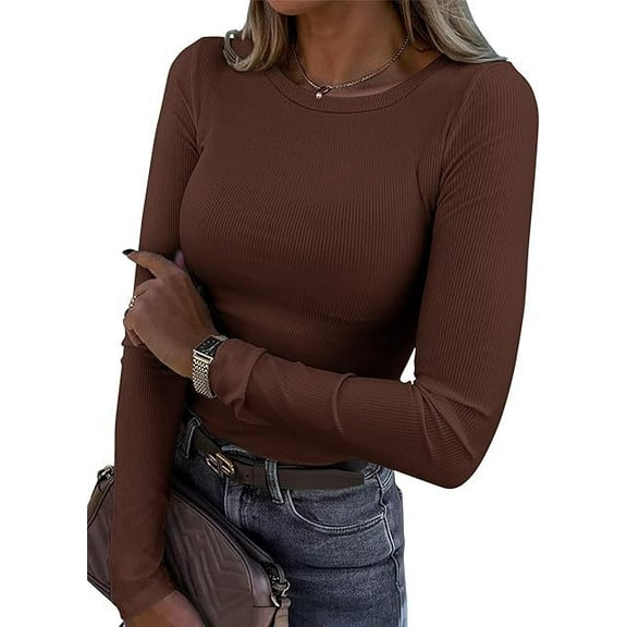 ZANKLEY Womens Long Sleeve Stretch Crewneck Ribbed T-Shirt Fitted Casual Basic Tops