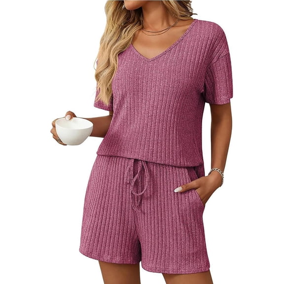 ZANKLEY Womens Lounge Set Short Sleeve Top and Shorts Sleepwear Pajama Set Two Piece Shorts Outfits Set
