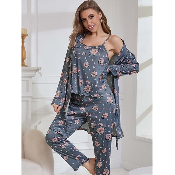 ZANKLEY Womens Pajamas Set 3 Piece Floral Butterfly Print Cami Top Long Pants Robe Sleepwear Loungewear Comfort