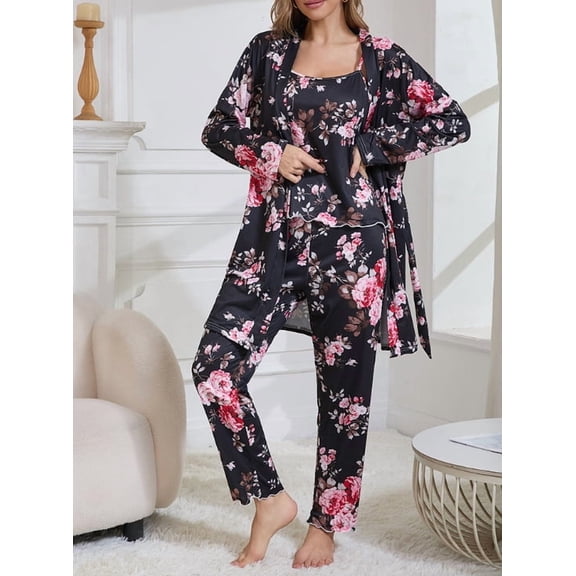 ZANKLEY Womens Pajamas Set 3 Piece Floral Butterfly Print Cami Top Long Pants Robe Sleepwear Loungewear Comfort