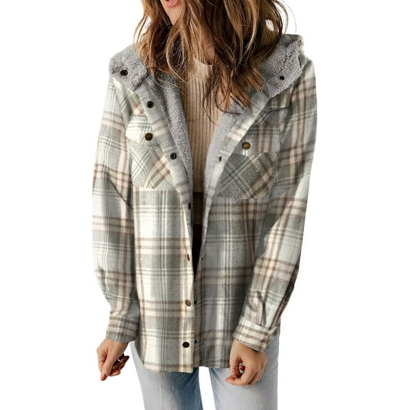 ZANKLEY Womens Plaid Shacket Jacket Long Sleeve Button Down Fleece Hooded Jackets Warm Coat