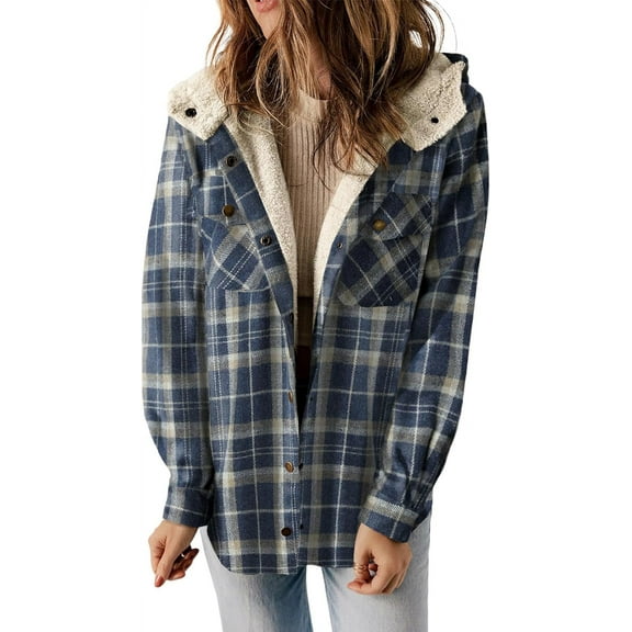 ZANKLEY Womens Plaid Shacket Jacket Long Sleeve Button Down Fleece Hooded Jackets Warm Coat