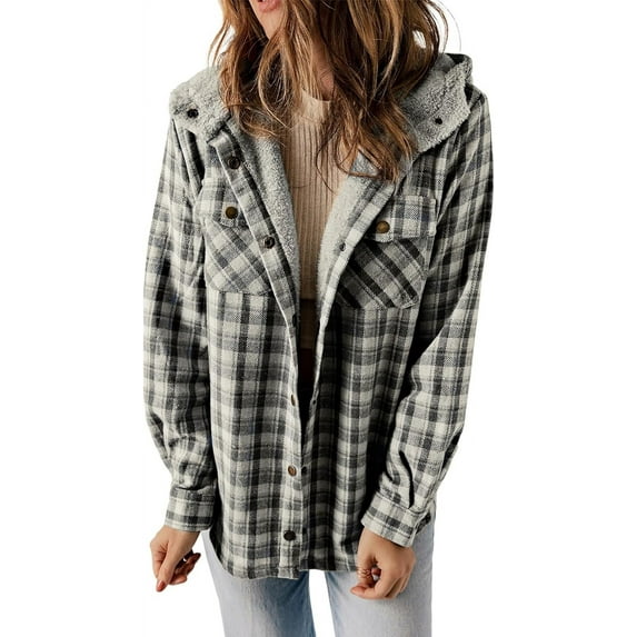 ZANKLEY Womens Plaid Shacket Jacket Long Sleeve Button Down Fleece Hooded Jackets Warm Coat