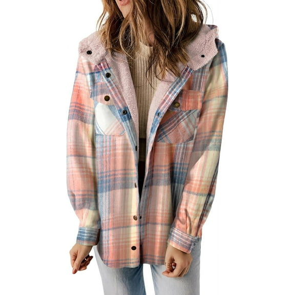 ZANKLEY Womens Plaid Shacket Jacket Long Sleeve Button Down Fleece Hooded Jackets Warm Coat