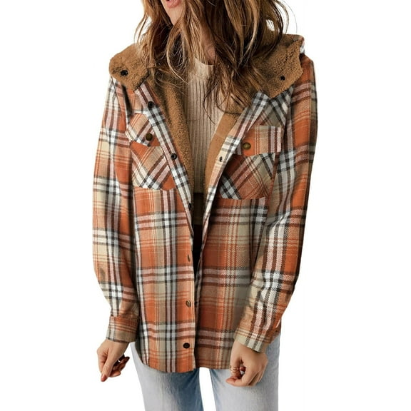 ZANKLEY Womens Plaid Shacket Jacket Long Sleeve Button Down Fleece Hooded Jackets Warm Coat