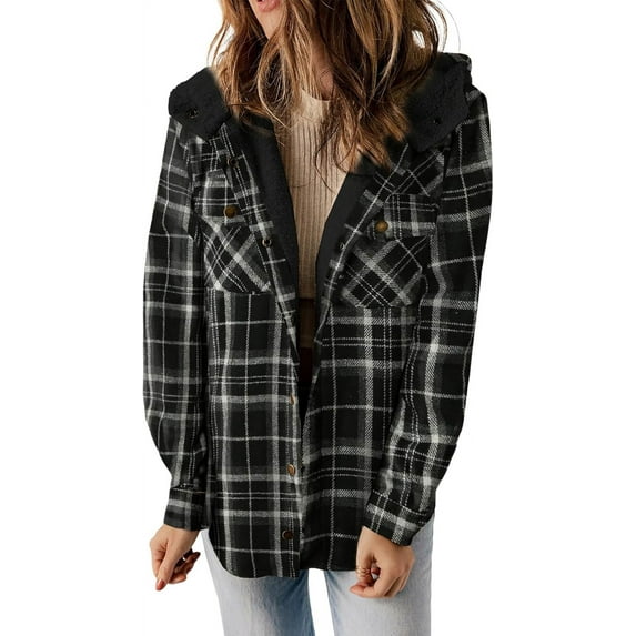 ZANKLEY Womens Plaid Shacket Jacket Long Sleeve Button Down Fleece Hooded Jackets Warm Coat