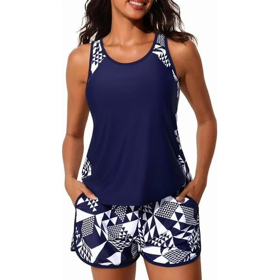 ZANKLEY Womens Print Tankini Swimsuits Two Piece Summer Bathing Suits Loose Sleeveless Tank Top and Shorts