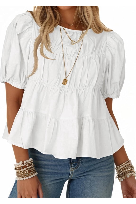 Womens Smocked Pleated Puff Sleeve Peplum Babydoll Blouse T-Shirts Summer Casual Loose Fit Flowy Top