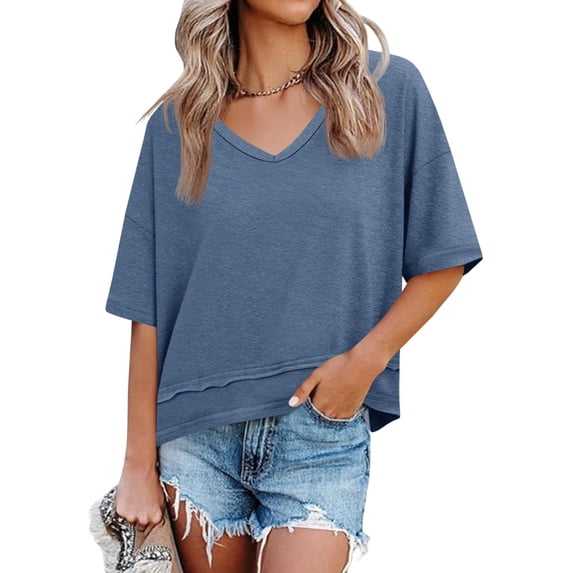 ZANKLEY Womens Summer V Neck Oversized T Shirt Casual Short Sleeve Loose Fit Flowy Basic Top