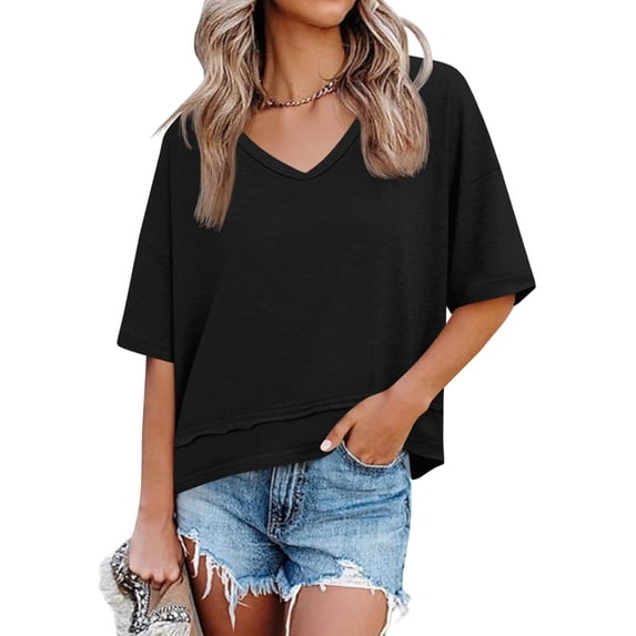 ZANKLEY Womens Summer V Neck Oversized T Shirt Casual Short Sleeve Loose Fit Flowy Basic Top