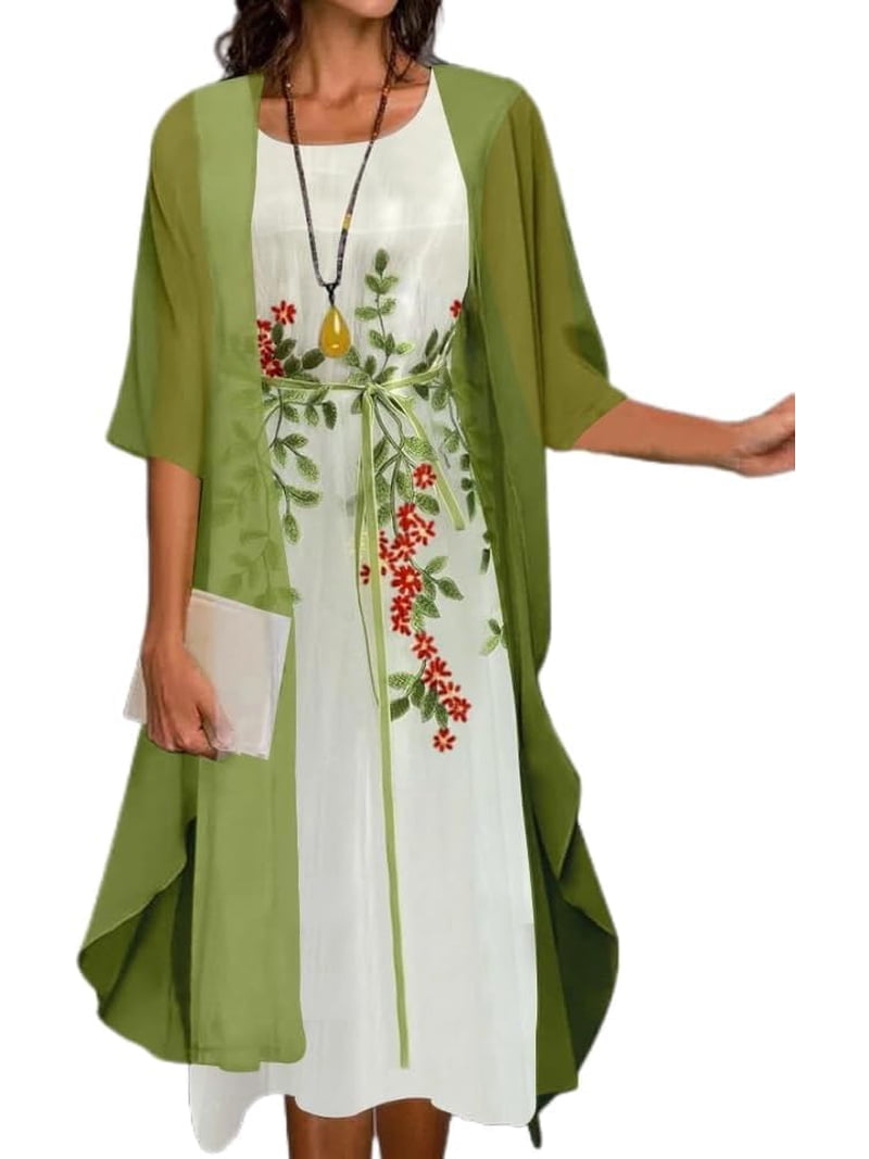 casual midi dress with jacket SHEIN Lady CURVE Women's Elegant Floral Print Midi Dress With Cropped Green Jacket For Office And Casual Wear