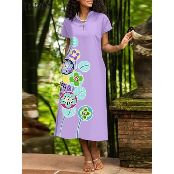 ZANZEA 2024 Summer Retro Loose Vestido Women Flower Print Dress Vintage Cheongsam Midi Sundress Fashion V-neck Short Sleeve Robe