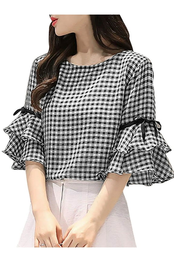 Blouses for Womens Half Sleeve O-Neck Grid Printed Lace-Up Tops Shirts