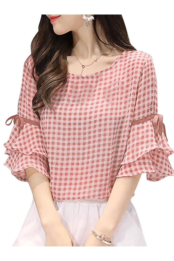 Blouses for Womens Half Sleeve O-Neck Grid Printed Lace-Up Tops Shirts