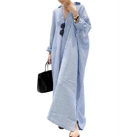 ZANZEA Cotton Full Sleeved Striped Printed Long Dress Women