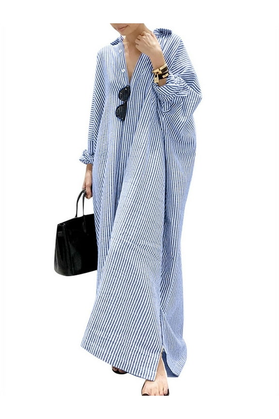 Cotton Full Sleeved Striped Printed Long Dress Women