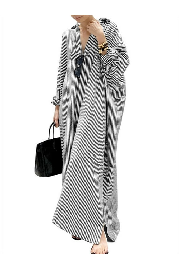 Cotton Full Sleeved Striped Printed Long Dress Women