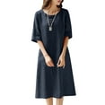 thumbnail image 1 of ZANZEA Cotton Line O-Neck Half Sleeve Side Pockets Mid-Calf Length Dresses Womens, 1 of 6