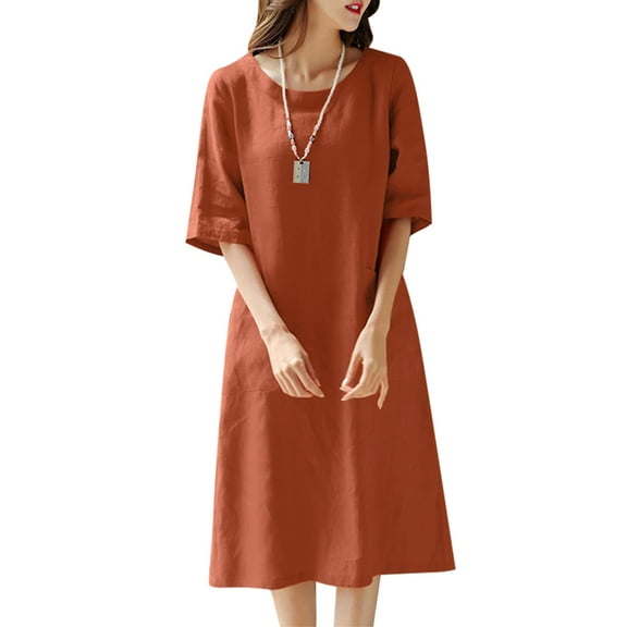 ZANZEA Cotton Line O-Neck Half Sleeve Side Pockets Mid-Calf Length Dresses Womens