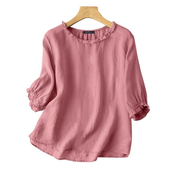 ZANZEA Cotton Three Quarter Sleeve O-Neck Solid Color Ruffles Blouses Womens