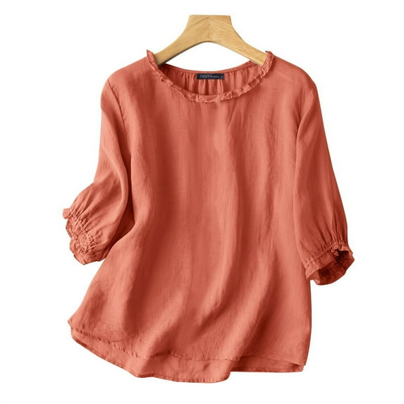 ZANZEA Cotton Three Quarter Sleeve O-Neck Solid Color Ruffles Blouses Womens
