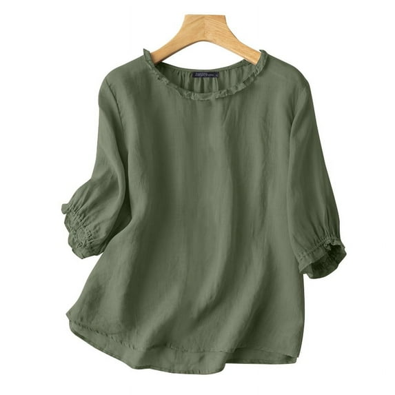 ZANZEA Cotton Three Quarter Sleeve O-Neck Solid Color Ruffles Blouses Womens