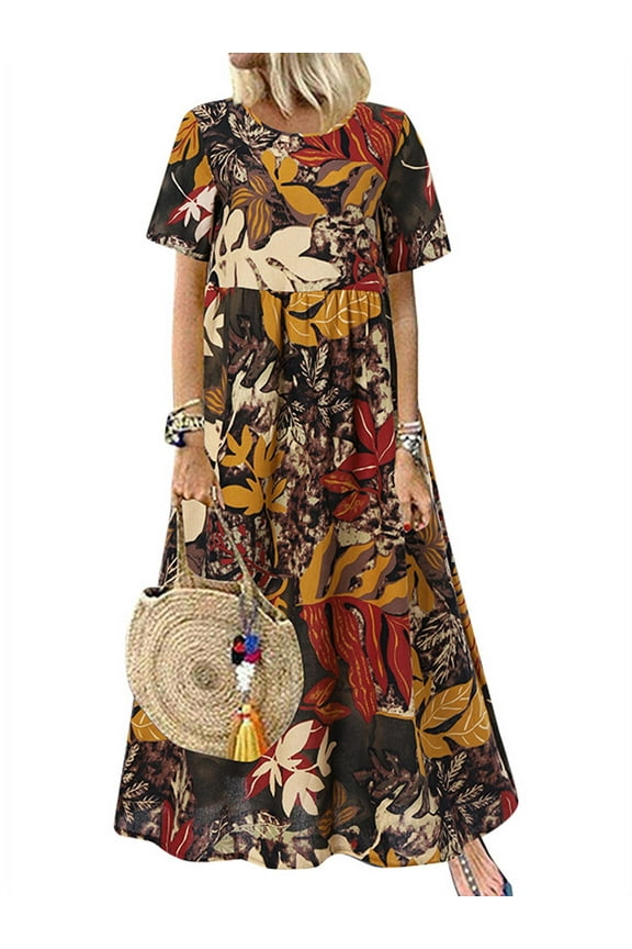 Dresses for Women Daily Leaves Printed Tank Swing Long Maxi Dress