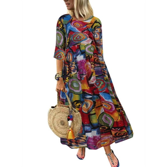 ZANZEA Dresses for Women O-Neck Half Sleeve High Waist Graffiti Print Long Dress