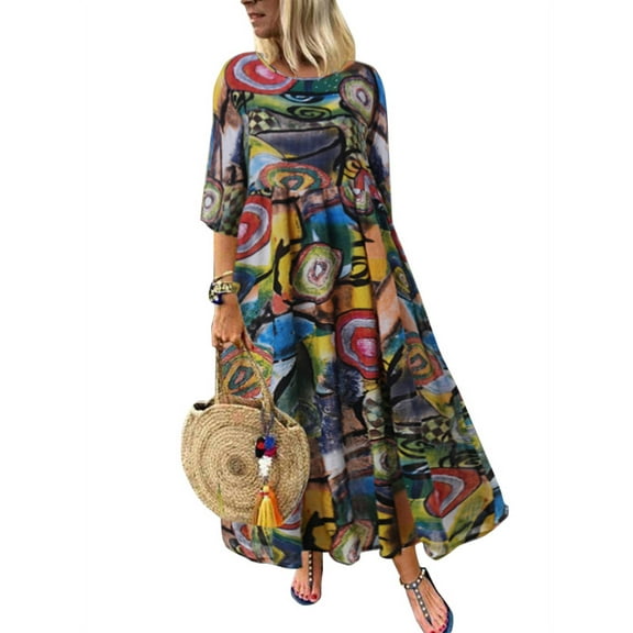 ZANZEA Dresses for Women O-Neck Half Sleeve High Waist Graffiti Print Long Dress GS