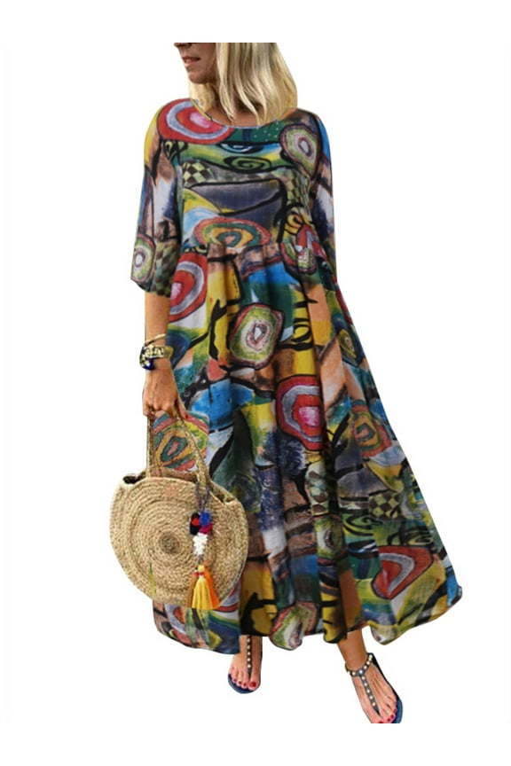 Dresses for Women O-Neck Half Sleeve High Waist Graffiti Print Long Dress