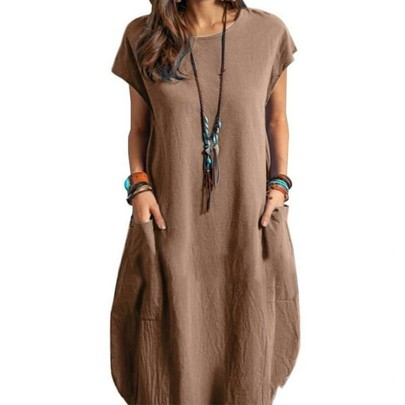 ZANZEA Dresses for Womens Short Sleeve O-Neck Pocket Solid Color Casual Dress