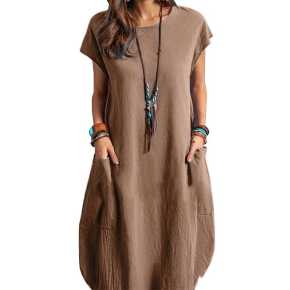 ZANZEA Dresses for Womens Short Sleeve O-Neck Pocket Solid Color Casual Dress