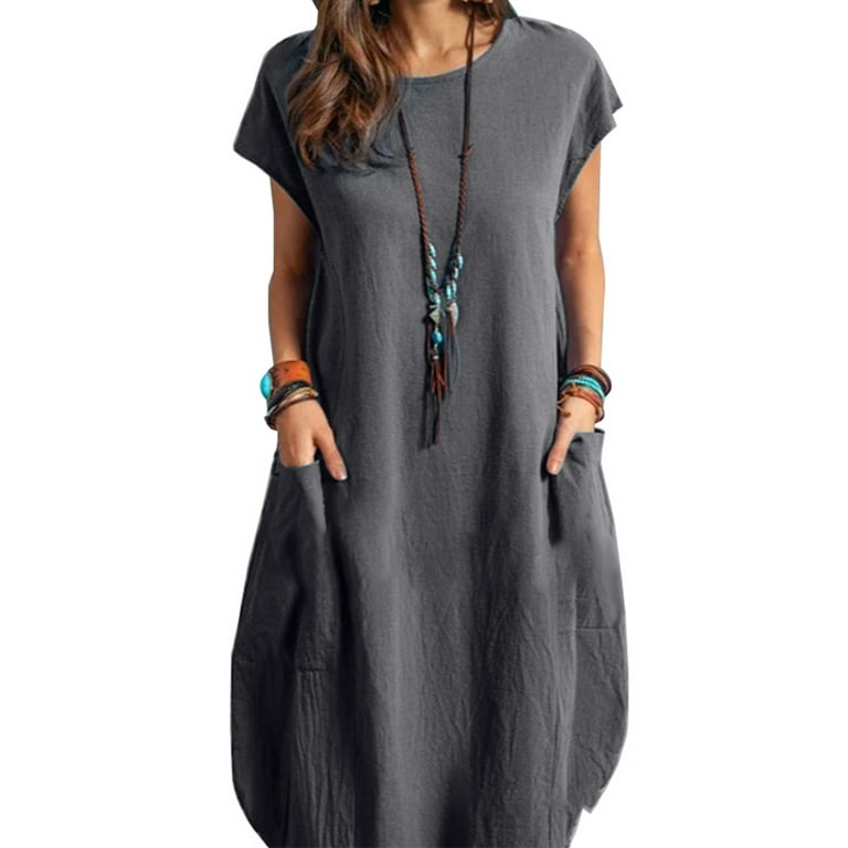 ZANZEA Dresses for Womens Short Sleeve O Neck Pocket Solid Color Casual Dress