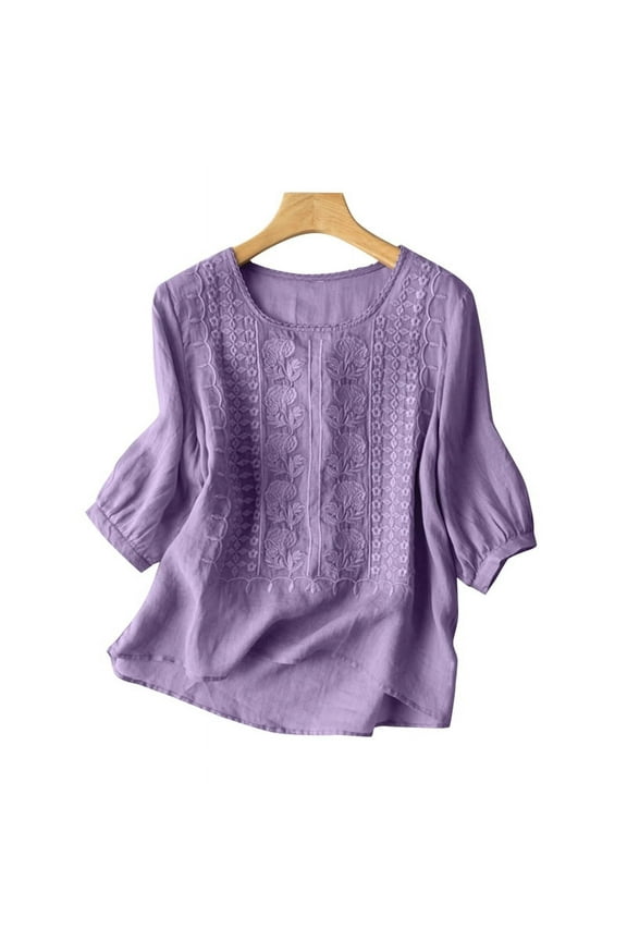 Floral Embroidery 3/4 Sleeve O Neck Cotton, Solid Shirt Blouse (Women's) XL