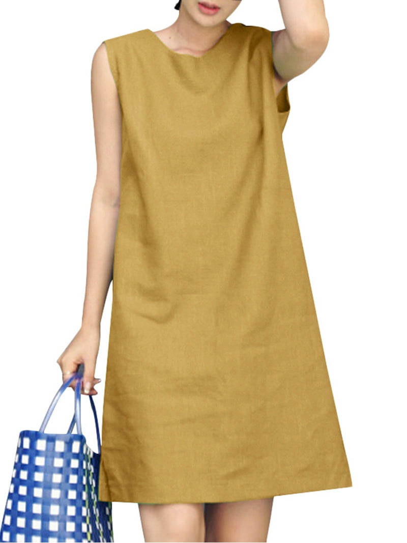 ZANZEA Ladies Fashion Sundress Sleeveless Cotton Linen Vintage Casual Dress  - Walmart.com