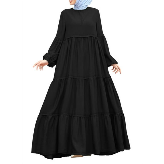 ZANZEA Muslim Dresses for Women Vintage Puff Sleeve Buttons Patchwork Maxi Dress