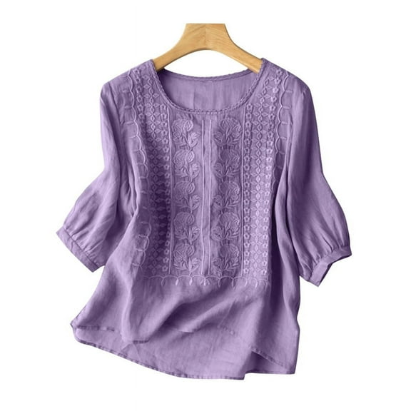 ZANZEA O Neck Floral Embroidered 3/4 Sleeve Casual Purple Blouse, 3XL (Women's Plus)