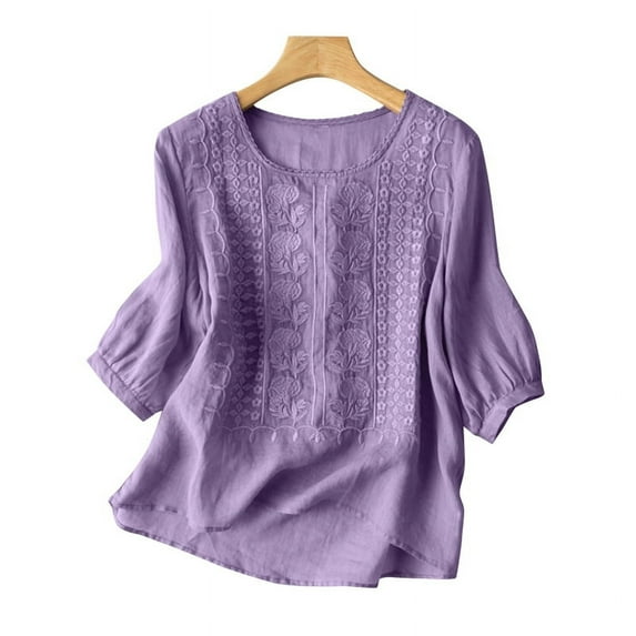 ZANZEA O Neck Floral Embroidered 3/4 Sleeve Casual Purple Blouse, 5XL (Women's Plus)