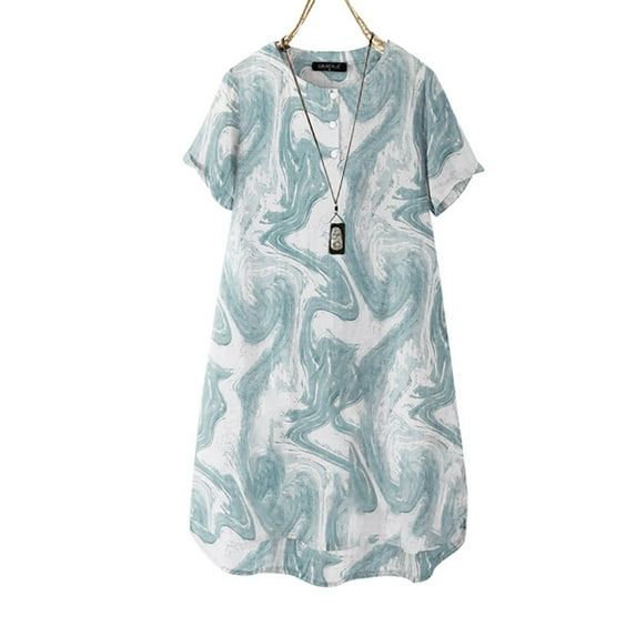 ZANZEA Polyester O-Neck Short Sleeve Buttons Printing High Low Dress Women