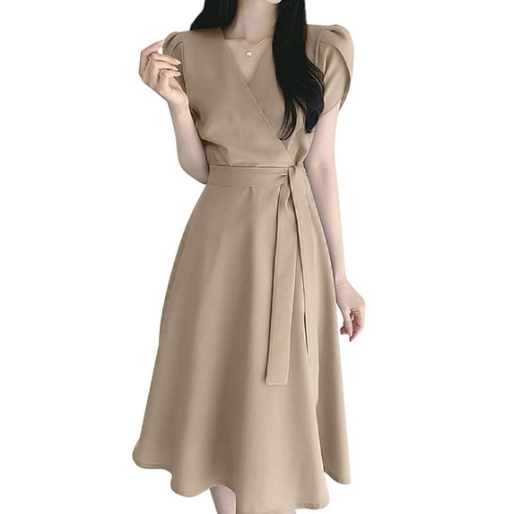 ZANZEA Polyester Short Sleeve V-Neck With Back Zipper Mid-Calf Length Dresses Womens