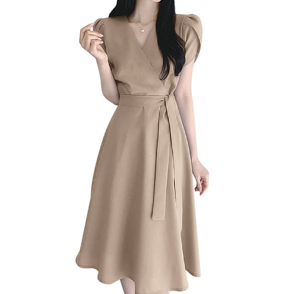 ZANZEA Polyester Short Sleeve V-Neck With Back Zipper Mid-Calf Length Dresses Womens